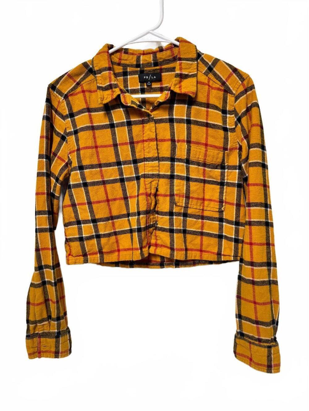 PS / LA Yellow Plaid Cropped Flannel Shirt Top Size M